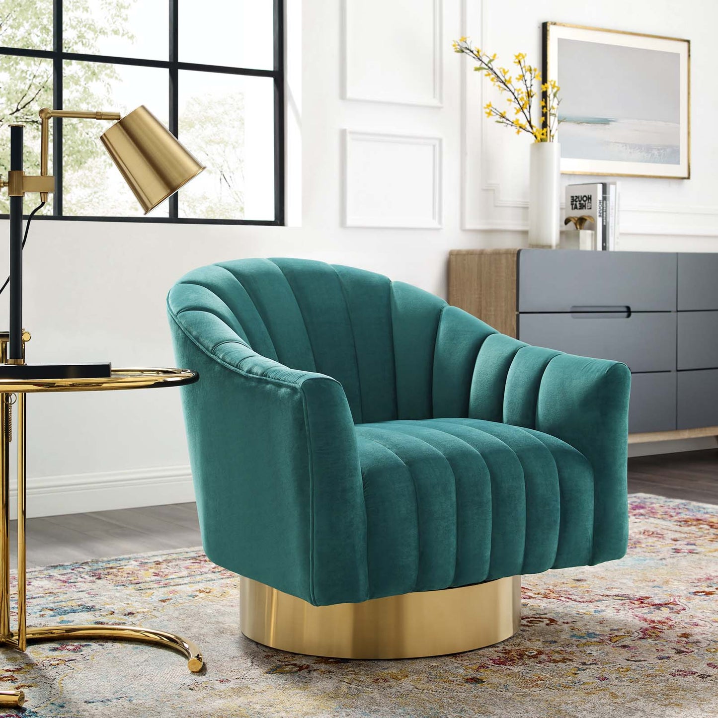 Buoyant Vertical Channel Tufted Accent Lounge Performance Velvet Swivel Chair, Velvet Fabric Metal Steel, Aqua Blue, 17422