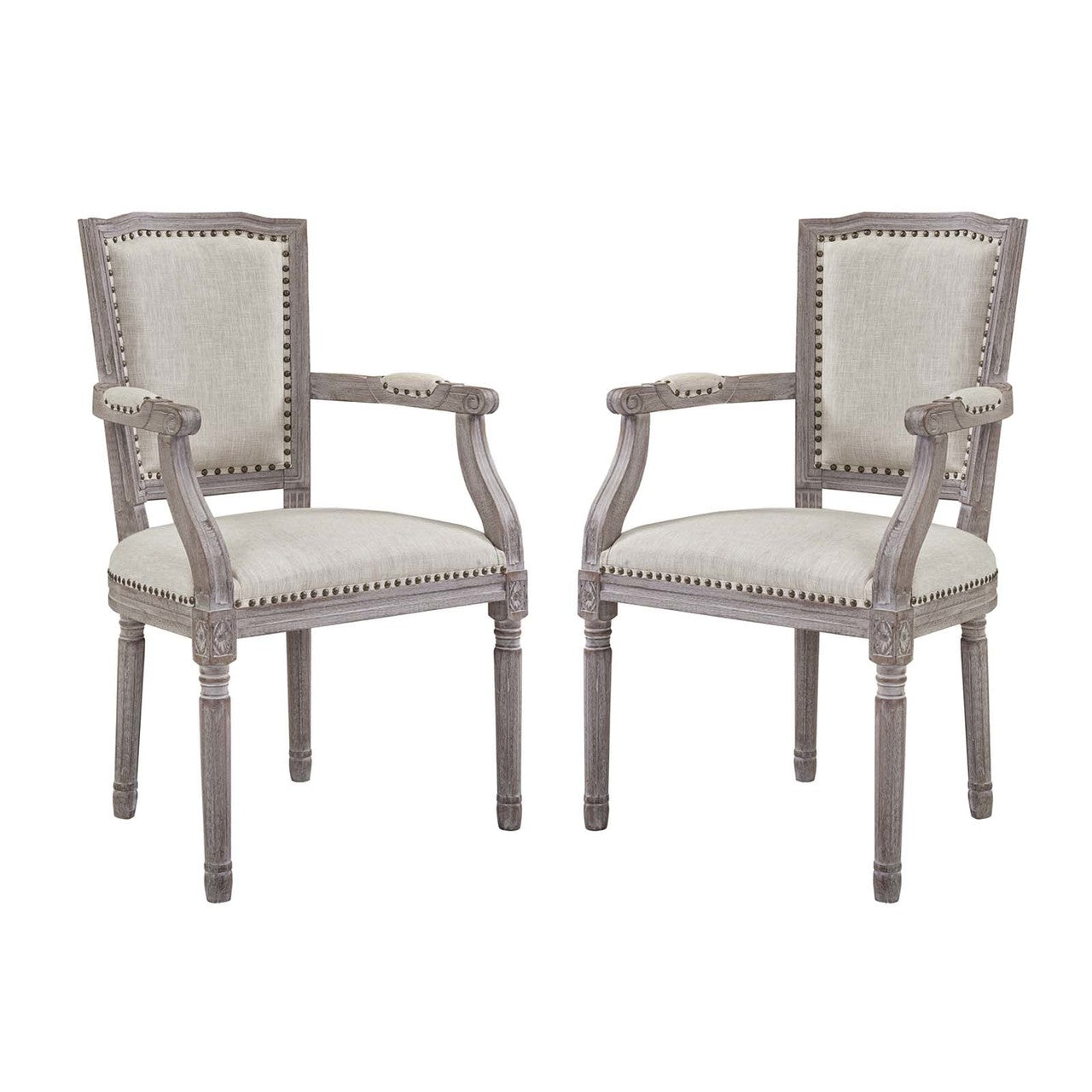 Penchant Dining Armchair Upholstered Fabric Set of 2, Fabric Wood Copper Nail Rivet, Beige 15416