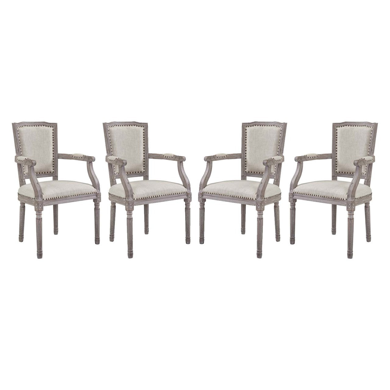 Penchant Dining Armchair Upholstered Fabric Set of 4, Fabric Wood Copper Nail Rivet, Beige 15793