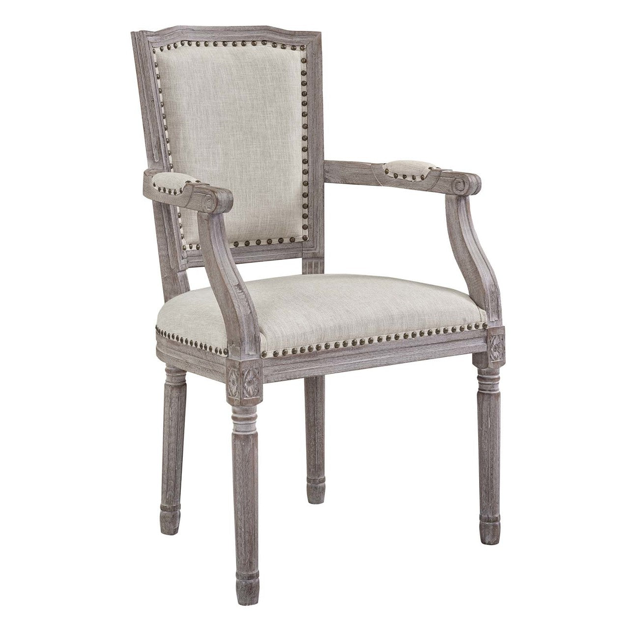 Penchant Dining Armchair Upholstered Fabric Set of 4, Fabric Wood Copper Nail Rivet, Beige 15793