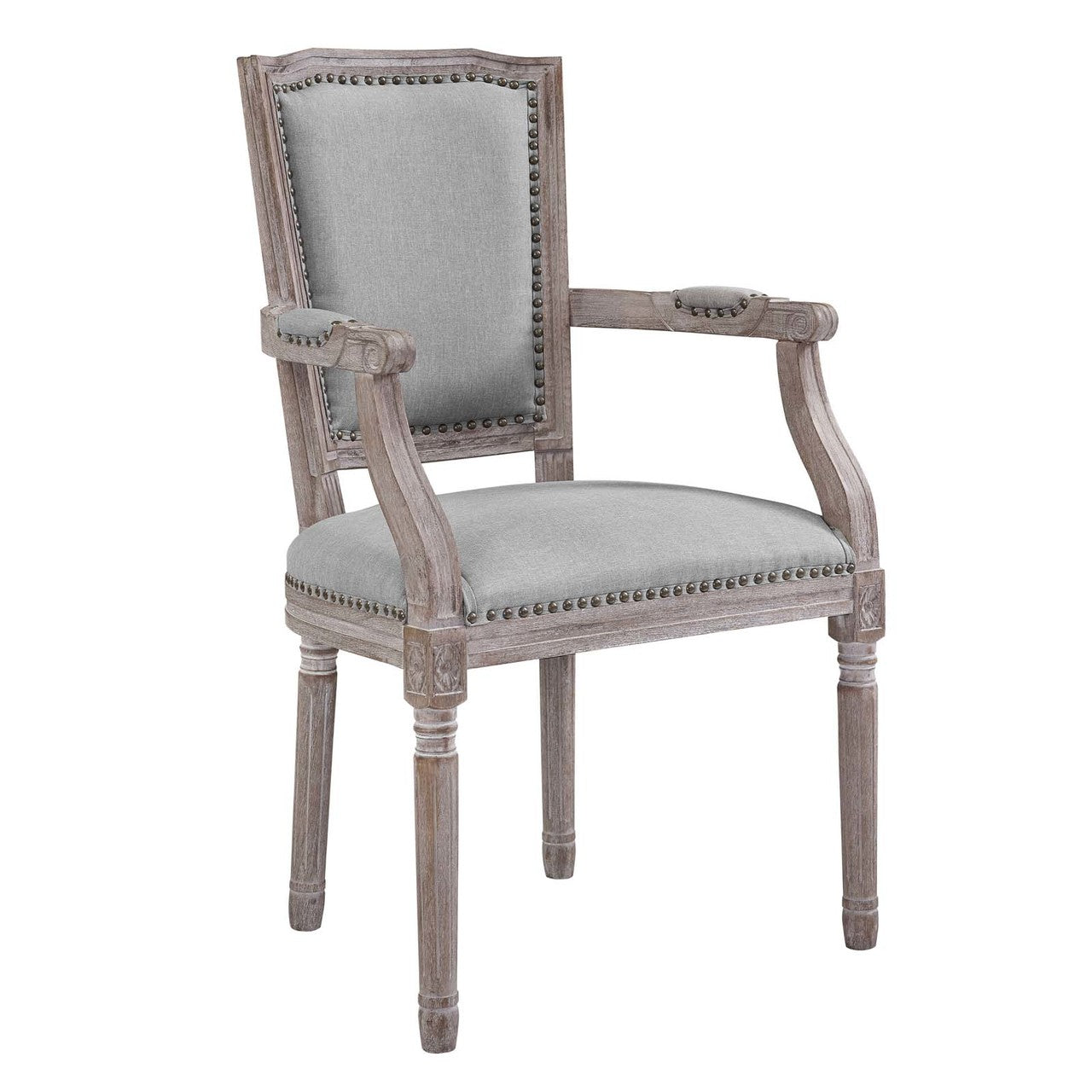 Penchant Dining Armchair Upholstered Fabric Set of 4, Fabric Wood Nail Rivet, Light Grey Gray 15794