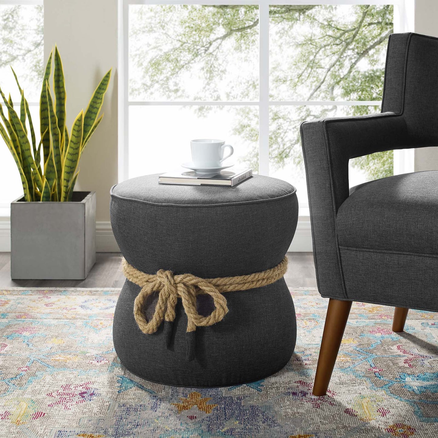 Beat Nautical Rope Upholstered Fabric Ottoman, Fabric, Grey Gray, 17429