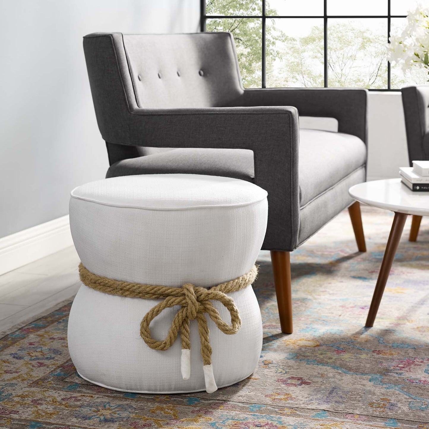 Beat Nautical Rope Upholstered Fabric Ottoman, Fabric, White, 17431