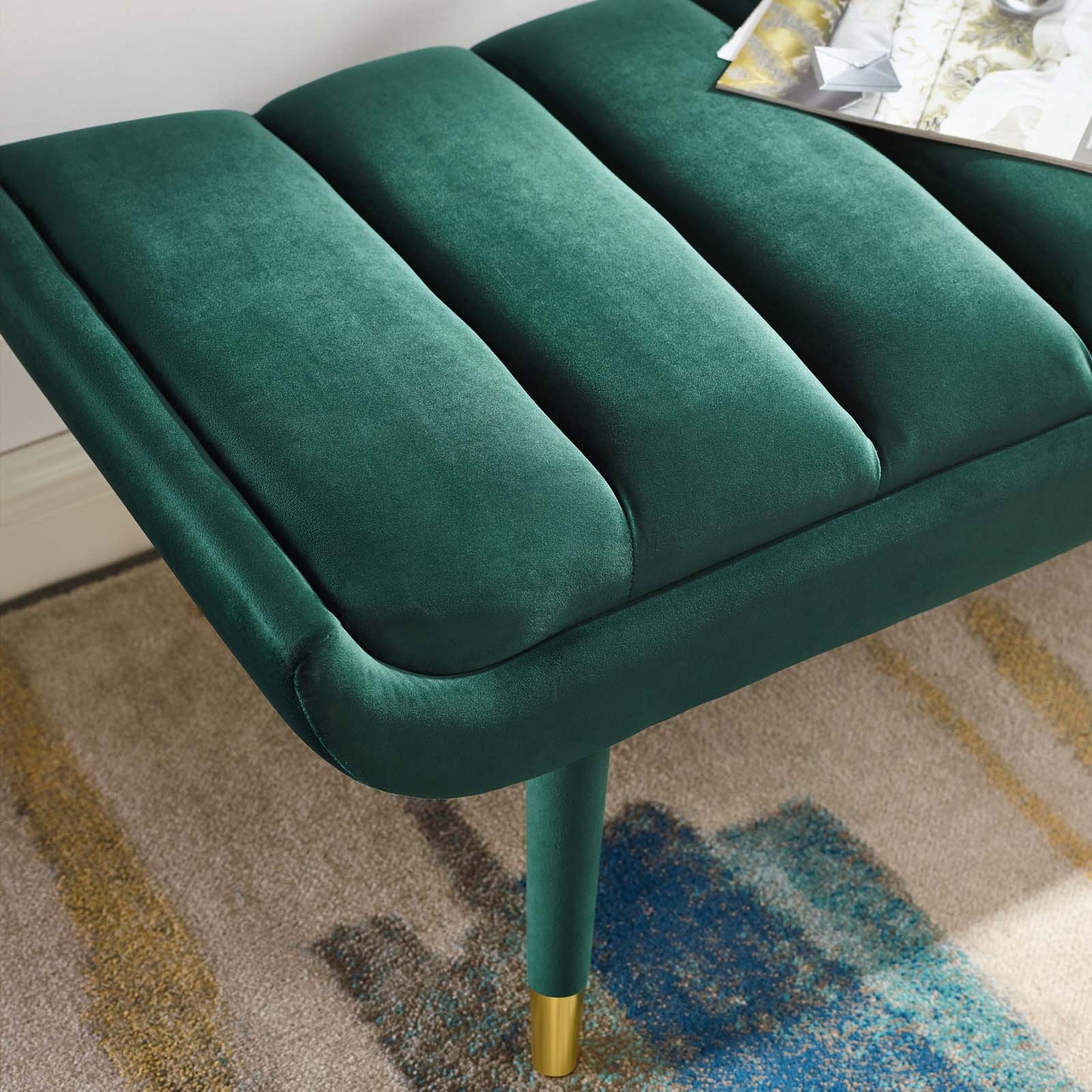 Guess Channel Tufted Performance Velvet Accent Bench, Velvet Fabric, Green, 17433