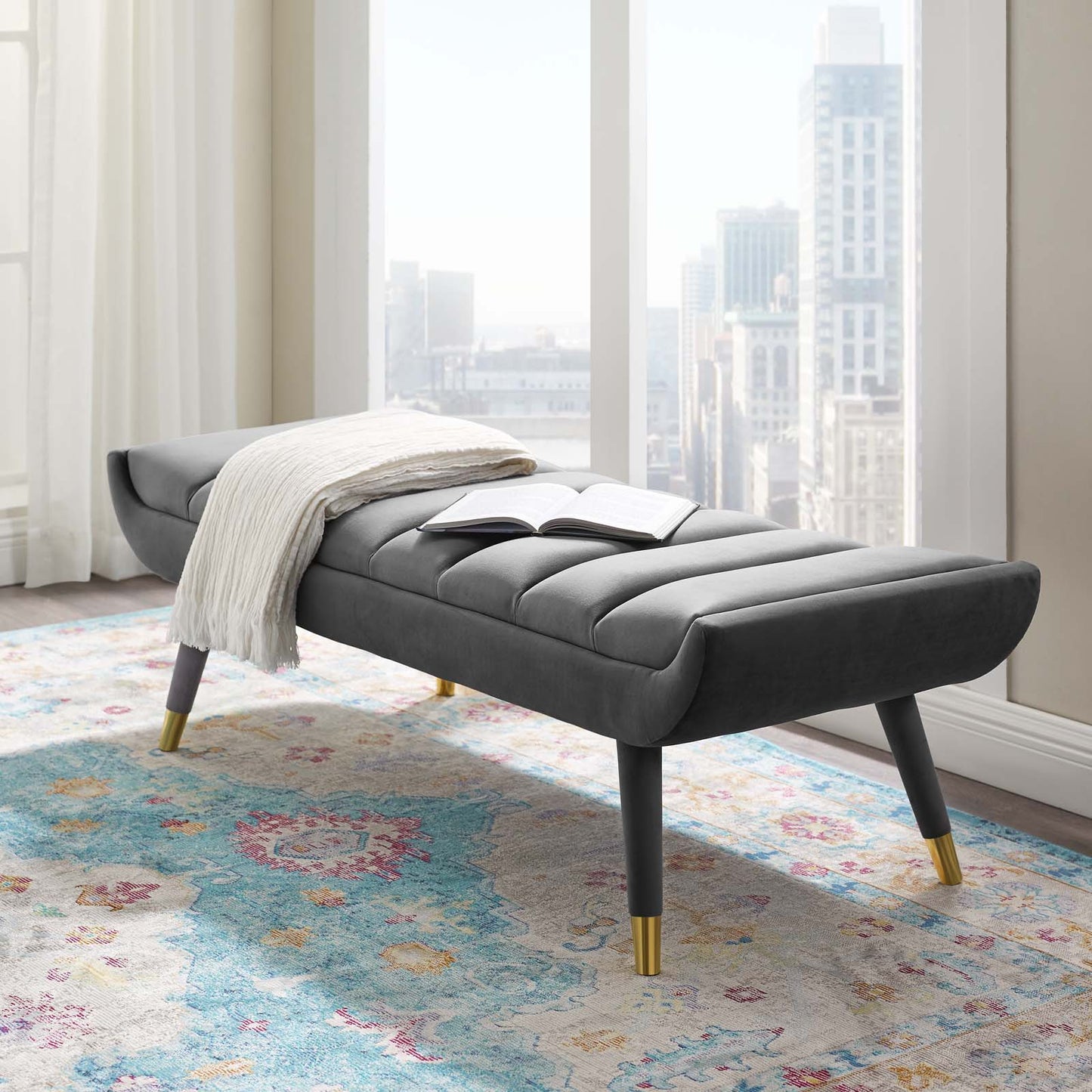 Guess Channel Tufted Performance Velvet Accent Bench, Velvet Fabric, Grey Gray, 17434