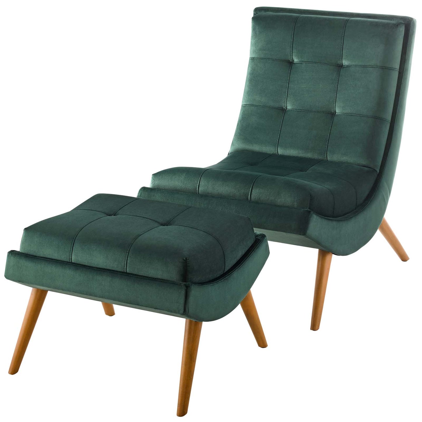Ramp Upholstered Performance Velvet Lounge Chair and Ottoman Set, Velvet Fabric Wood, Green, 17442