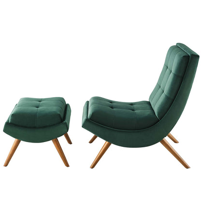 Ramp Upholstered Performance Velvet Lounge Chair and Ottoman Set, Velvet Fabric Wood, Green, 17442