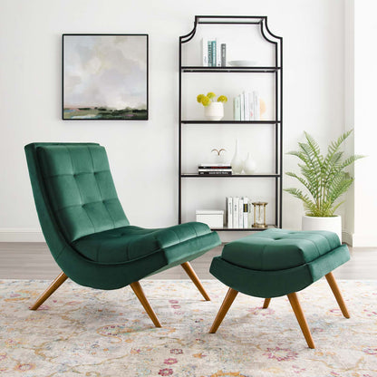 Ramp Upholstered Performance Velvet Lounge Chair and Ottoman Set, Velvet Fabric Wood, Green, 17442
