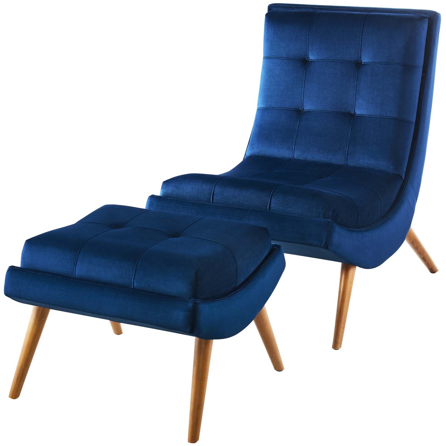 Ramp Upholstered Performance Velvet Lounge Chair and Ottoman Set, Velvet Fabric Wood, Navy Blue, 17445
