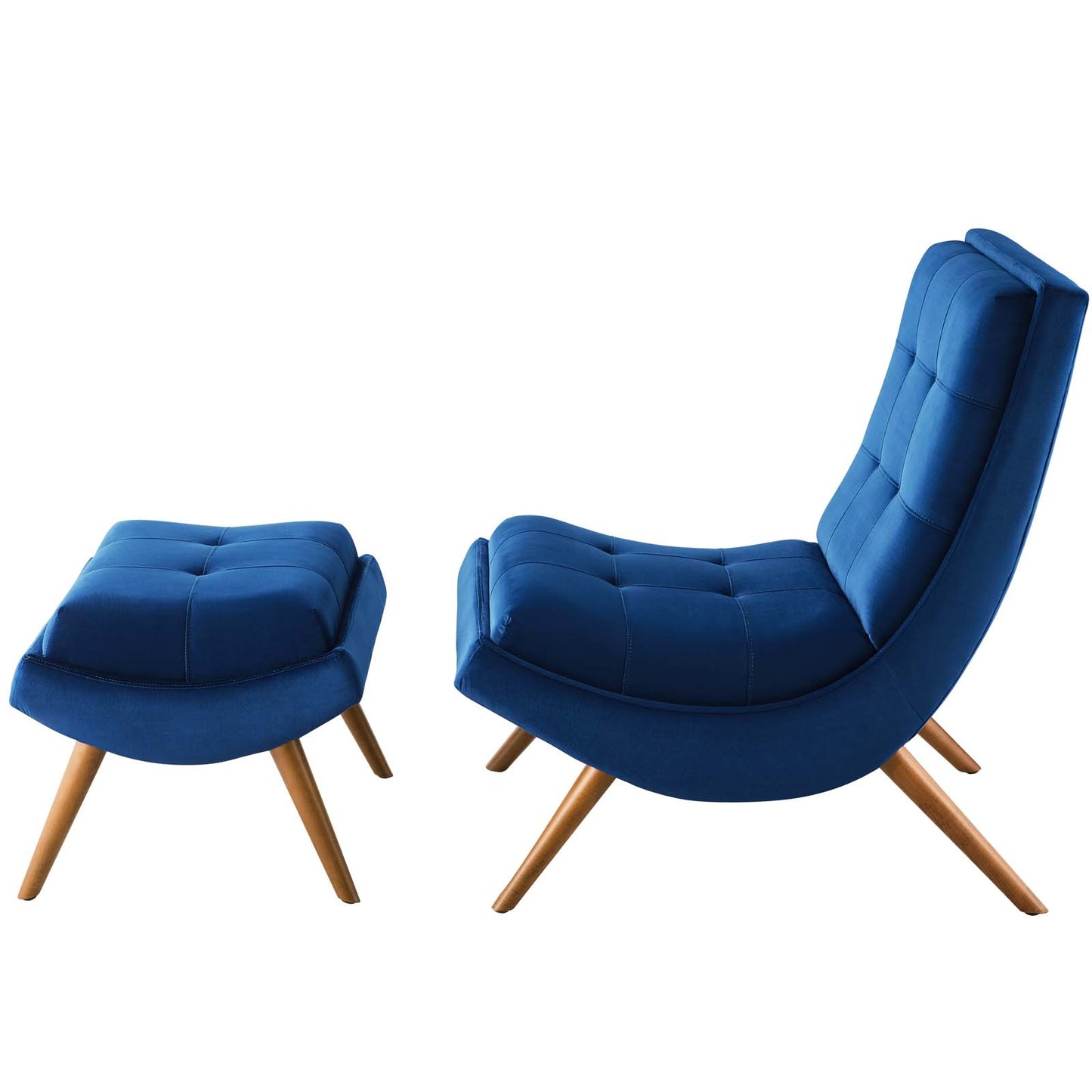 Ramp Upholstered Performance Velvet Lounge Chair and Ottoman Set, Velvet Fabric Wood, Navy Blue, 17445