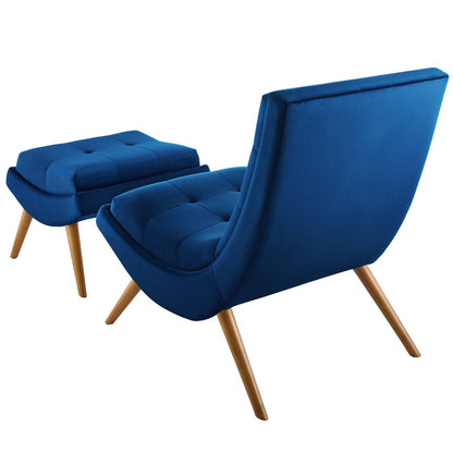 Ramp Upholstered Performance Velvet Lounge Chair and Ottoman Set, Velvet Fabric Wood, Navy Blue, 17445