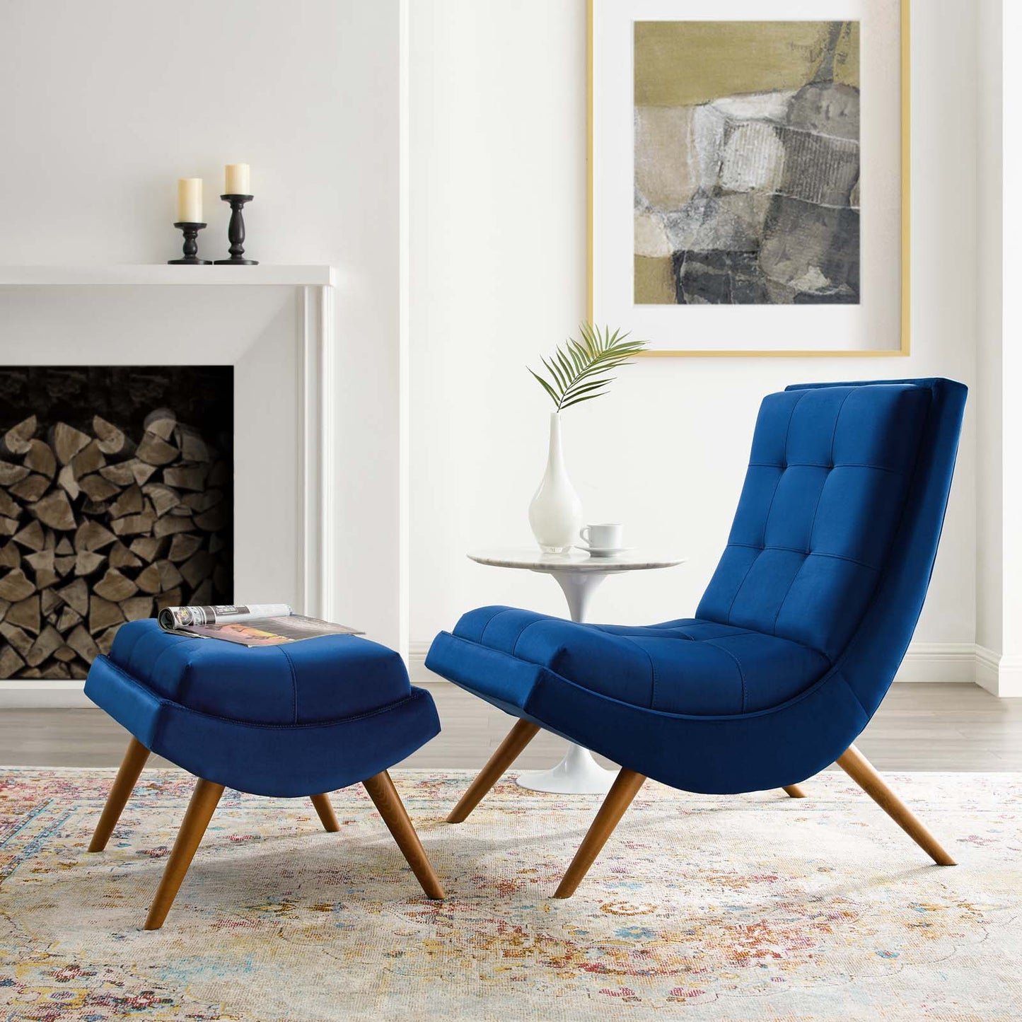 Ramp Upholstered Performance Velvet Lounge Chair and Ottoman Set, Velvet Fabric Wood, Navy Blue, 17445