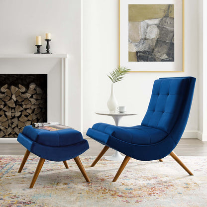 Ramp Upholstered Performance Velvet Lounge Chair and Ottoman Set, Velvet Fabric Wood, Navy Blue, 17445