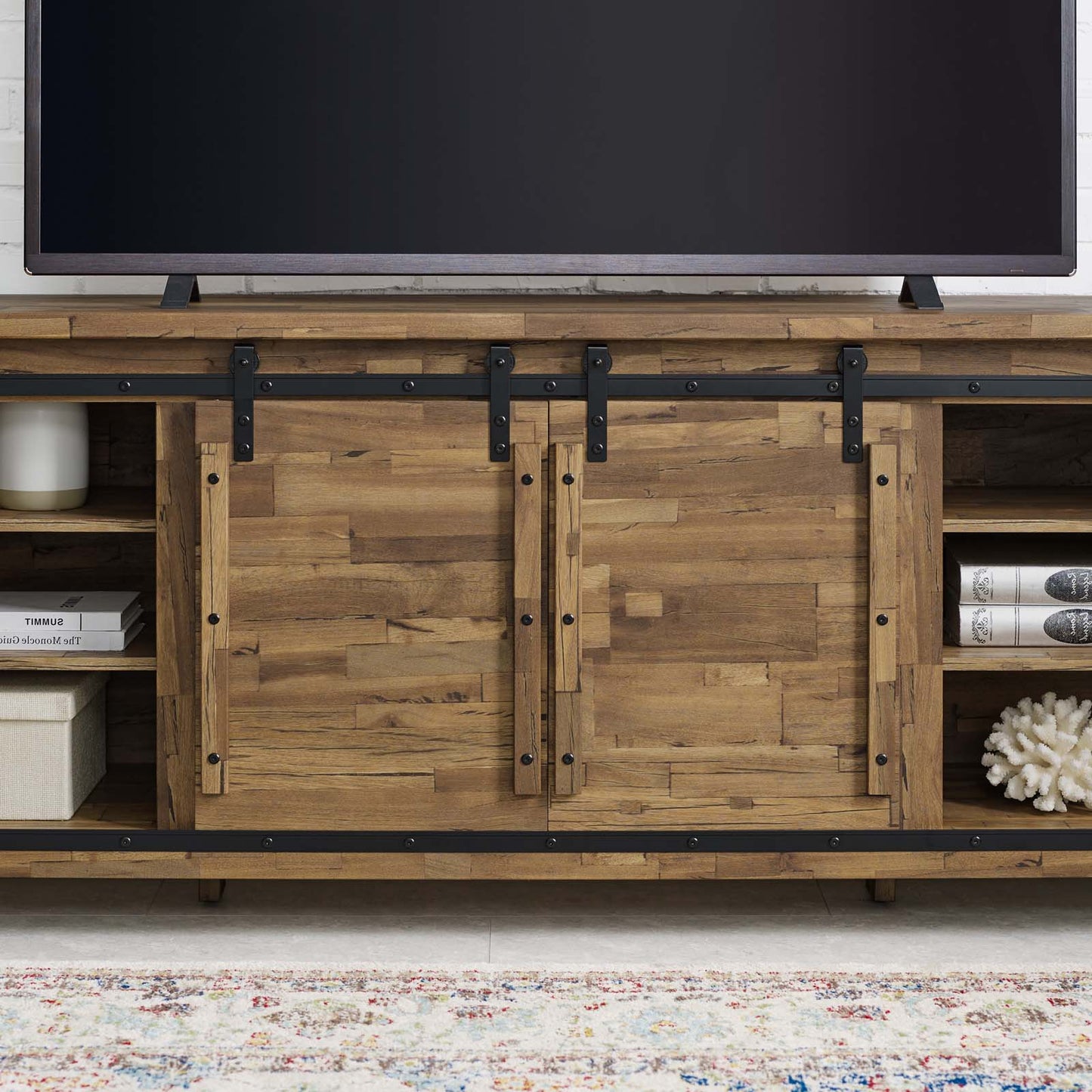 Cheshire 70" Rustic Sliding Door Buffet Table Sideboard, Wood Steel Metal, Natural Walnut Brown, 17449
