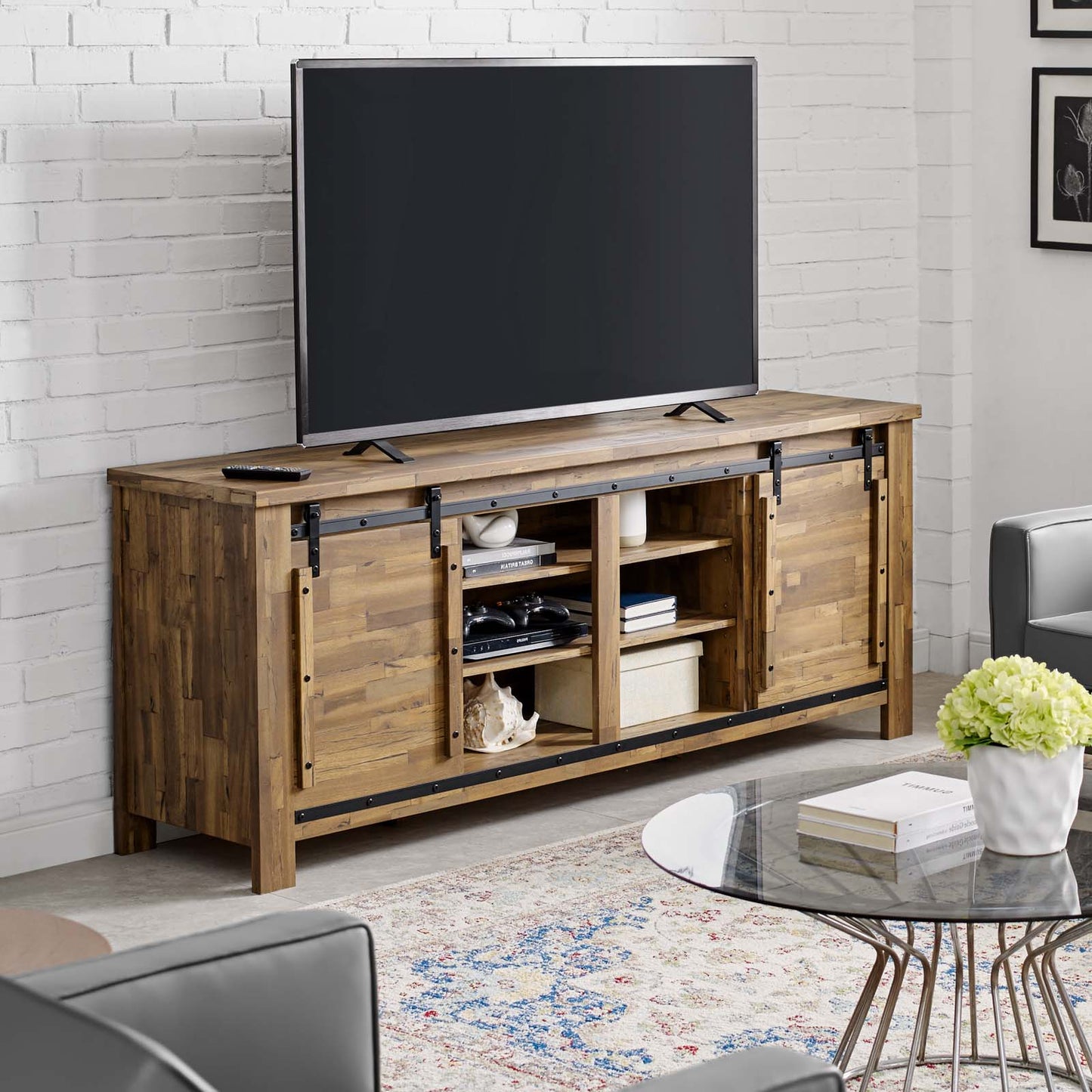 Cheshire 70" Rustic Sliding Door Buffet Table Sideboard, Wood Steel Metal, Natural Walnut Brown, 17449