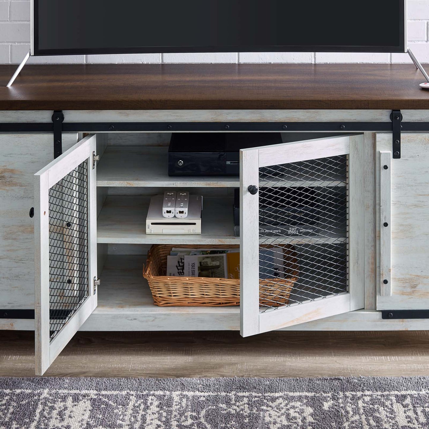 Bennington 70" Rustic Sliding Door Buffet Table Sideboard, Wood Metal Steel, White, 17450