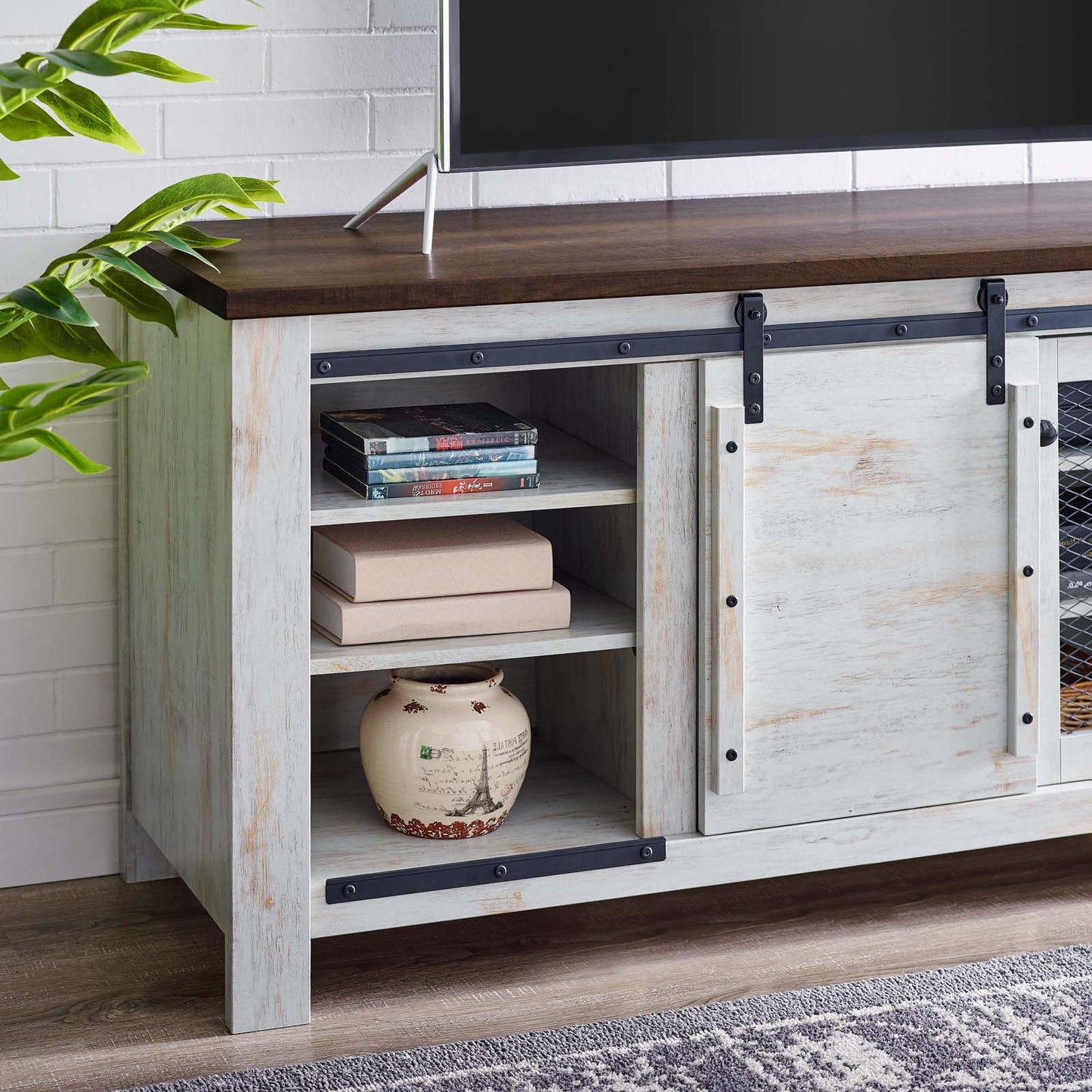 Bennington 70" Rustic Sliding Door Buffet Table Sideboard, Wood Metal Steel, White, 17450