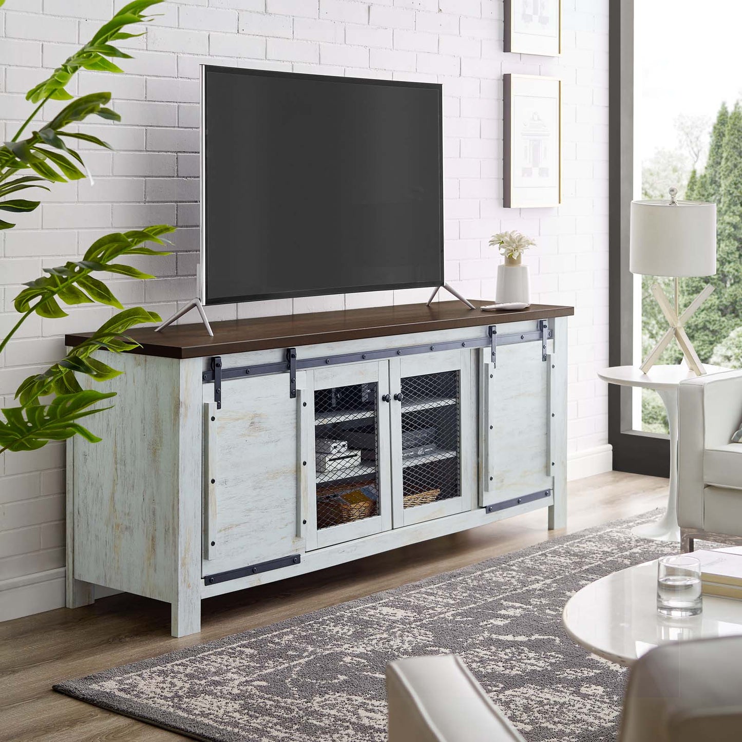 Bennington 70" Rustic Sliding Door Buffet Table Sideboard, Wood Metal Steel, White, 17450