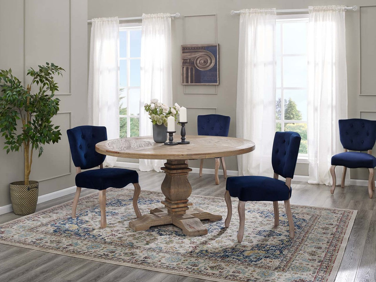 Column 59" Round Pine Wood Dining Table, Wood, Brown 15459