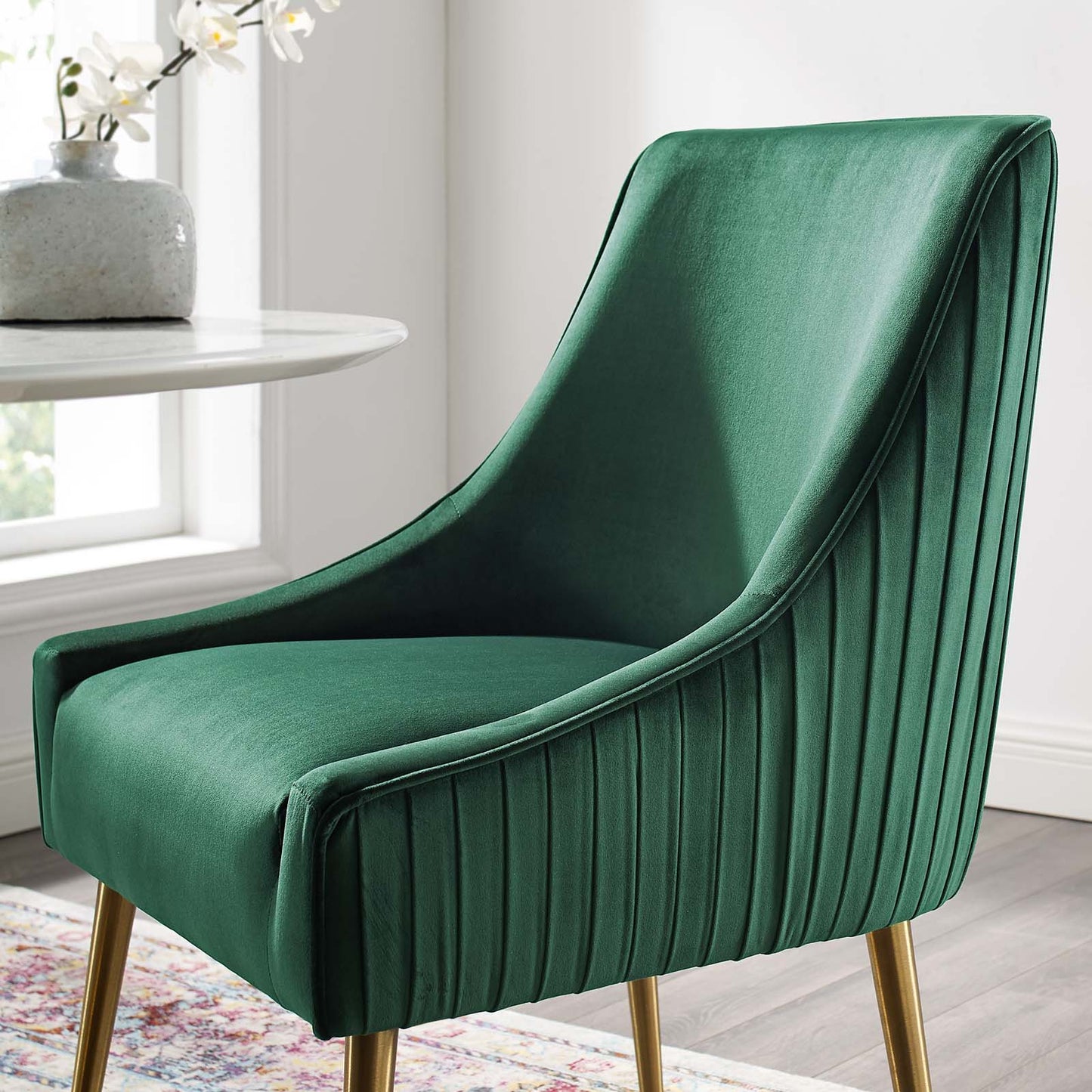 Discern Pleated Back Upholstered Performance Velvet Dining Chair, Velvet Fabric Stainless Steel Metal, Green, 17459