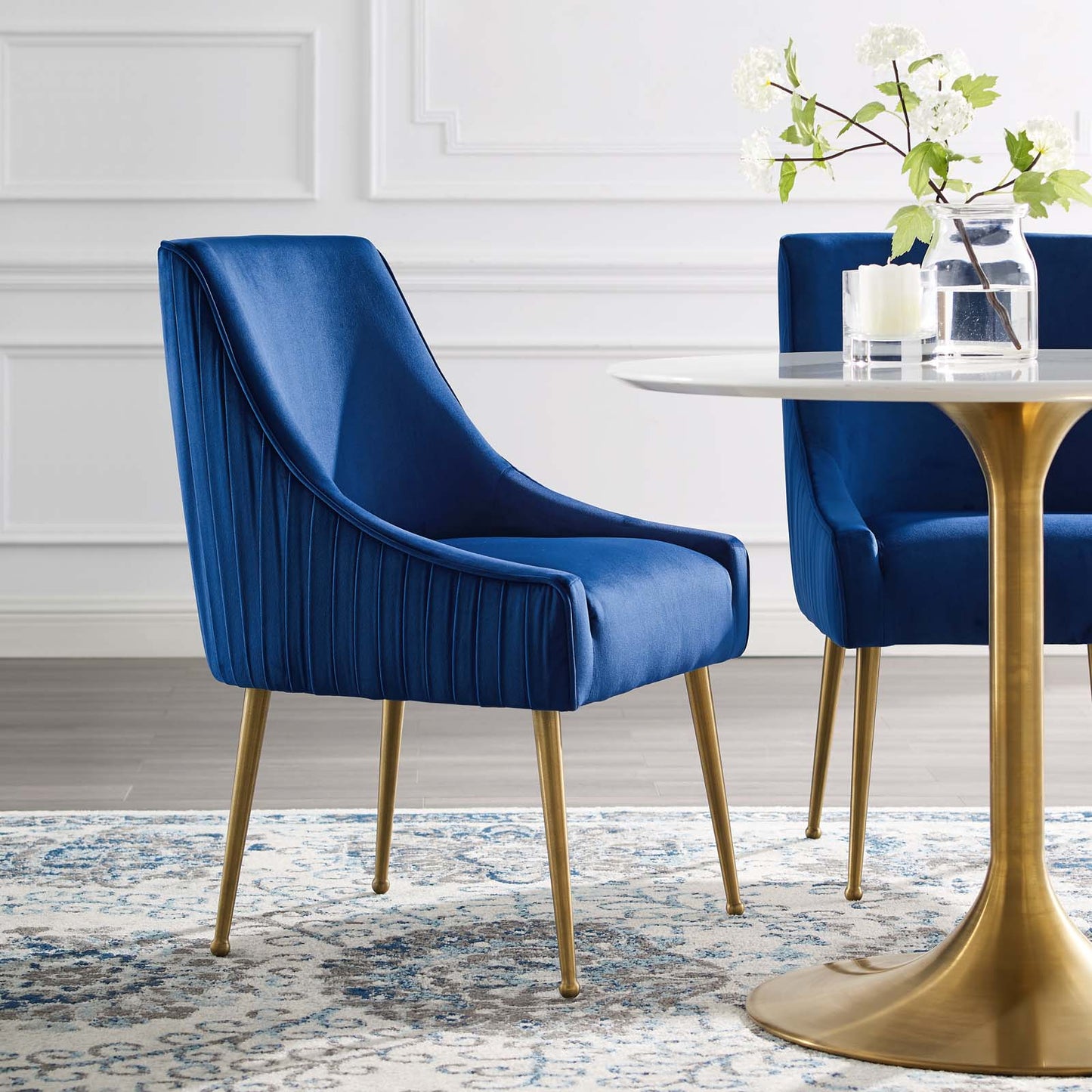 Discern Pleated Back Upholstered Performance Velvet Dining Chair, Velvet Fabric Stainless Steel Metal, Navy Blue, 17462