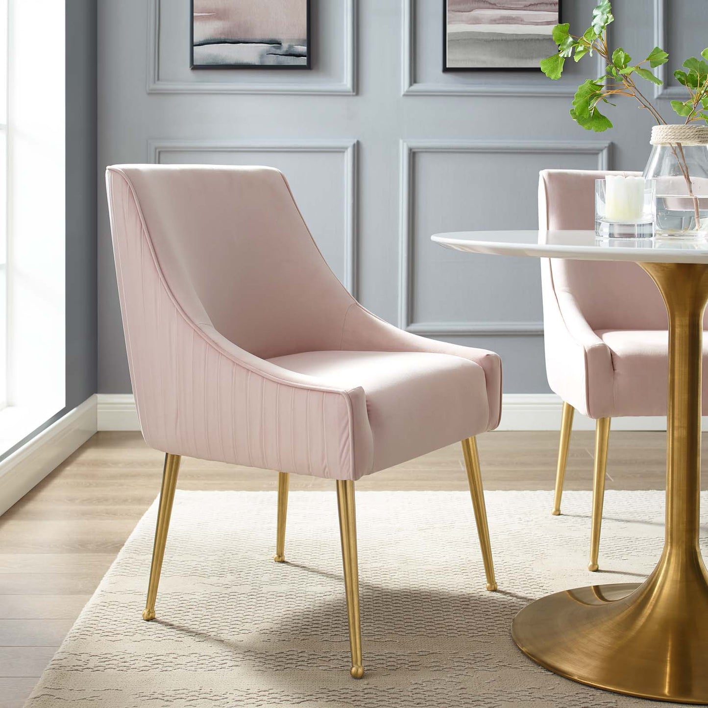 Discern Pleated Back Upholstered Performance Velvet Dining Chair, Velvet Fabric Stainless Steel Metal, Pink, 17463