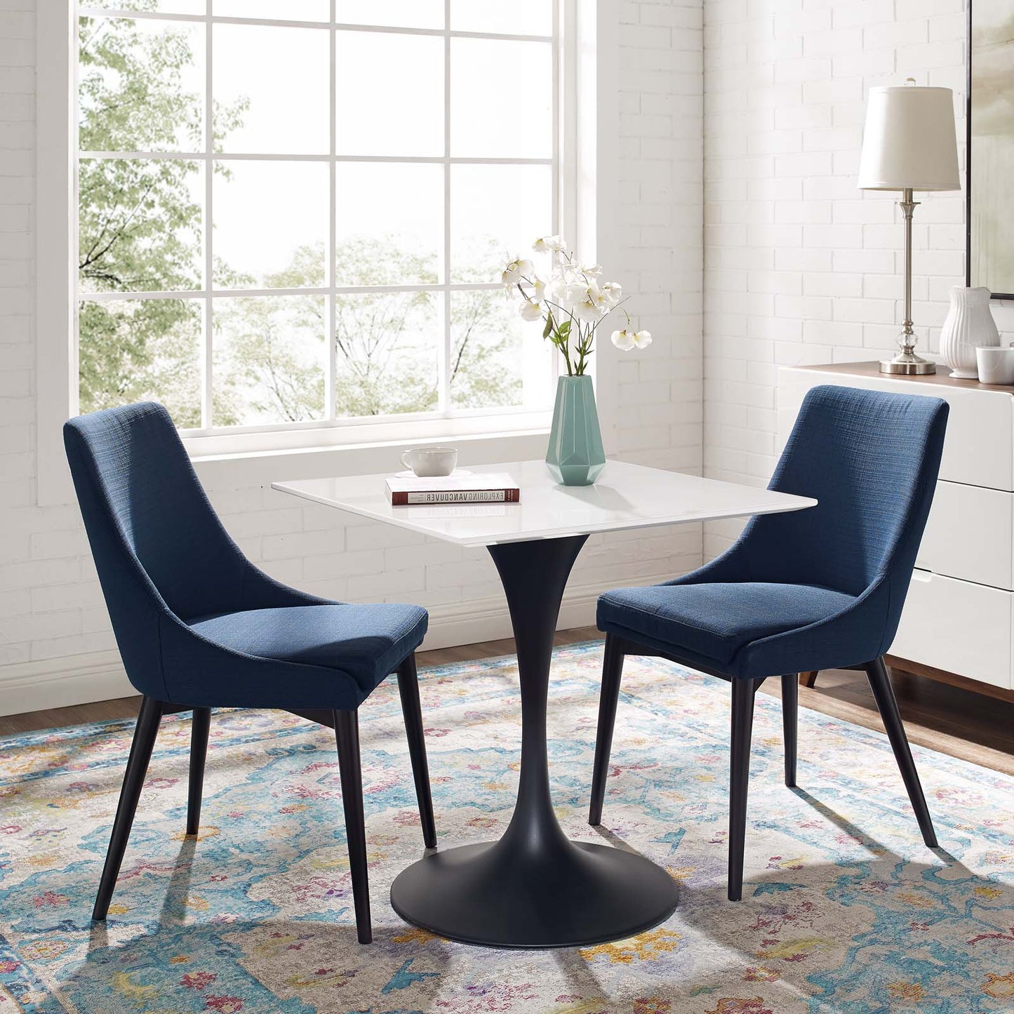 Lippa 28" Square Wood Top Dining Table, Wood Metal Steel, Black White, 17467