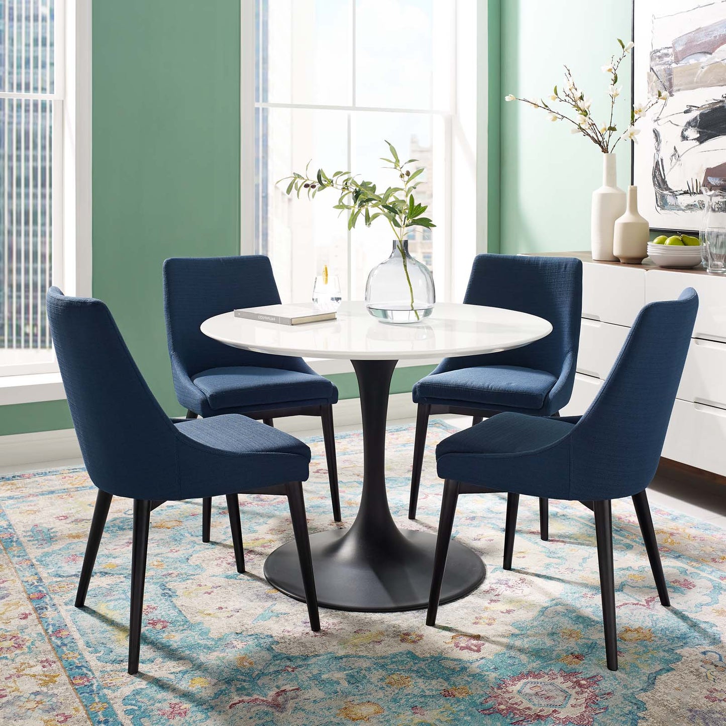 Lippa 40" Round Wood Dining Table, Wood Metal Steel, Black White, 17474