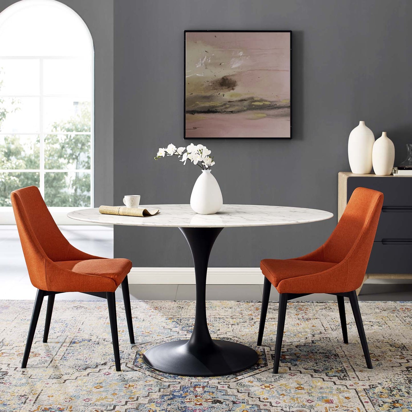 Lippa 54" Oval Artificial Marble Dining Table, Artificial Marble Stone Metal, Black White, 17483