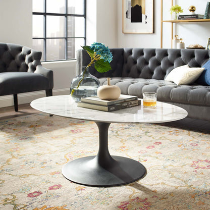 Lippa 42" Oval-Shaped Artificial Marble Coffee Table, Artificial Marble Stone Metal, Black White, 17487