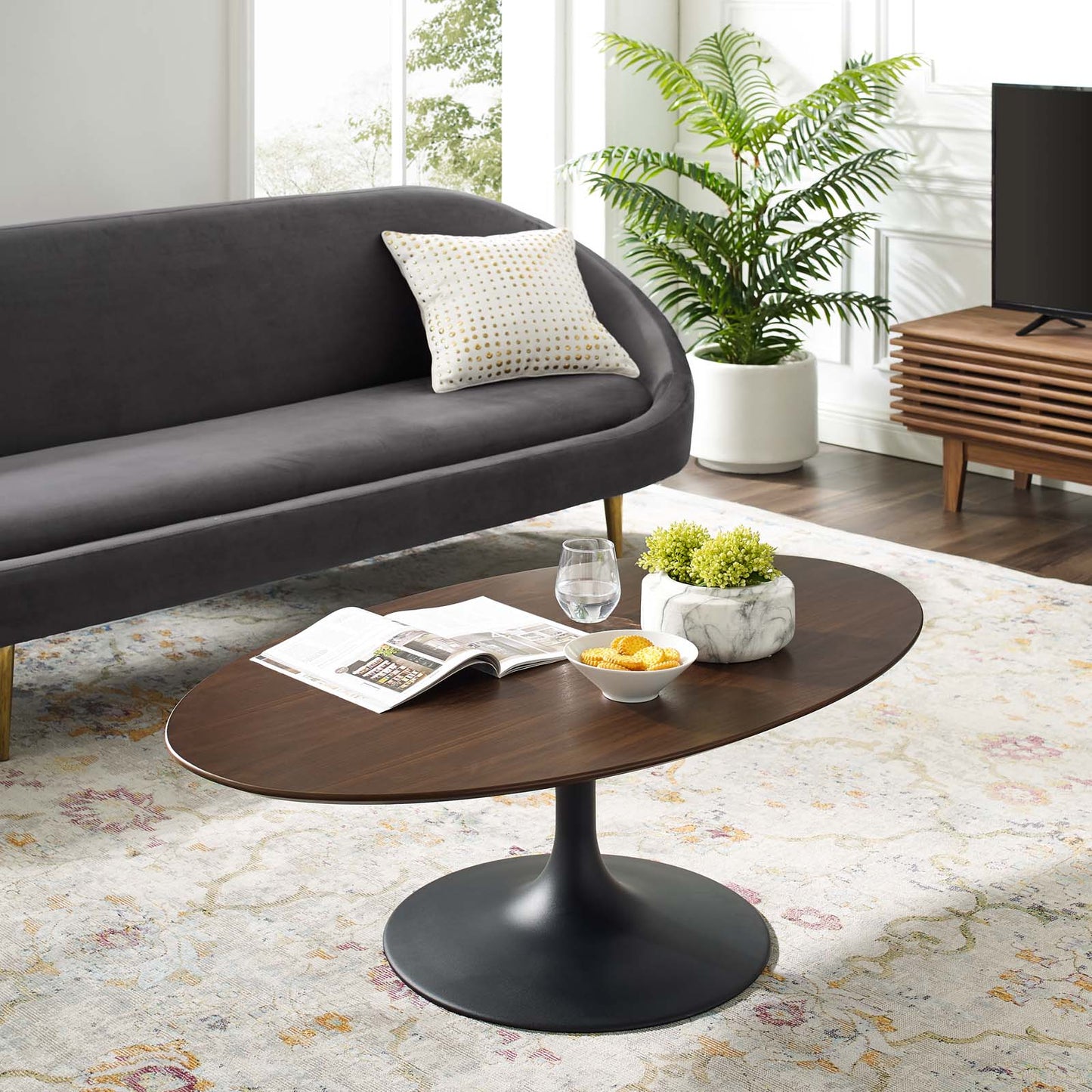 Lippa 48" Oval-Shaped Walnut Coffee Table, Wood Metal Steel, Black Walnut Brown, 17491