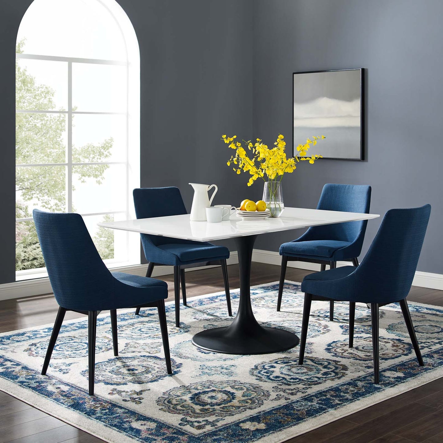 Lippa 60" Rectangle Wood Dining Table, Wood Metal Steel, Black White, 17494