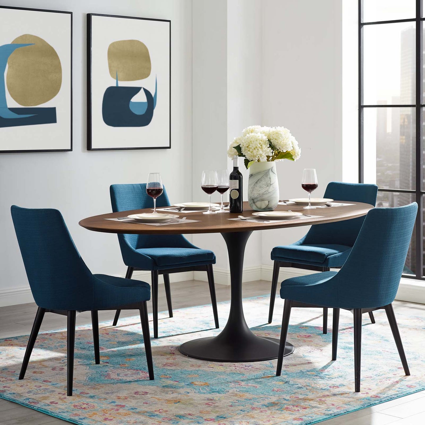 Lippa 78" Oval Wood Dining Table, Wood Aluminum, Black Walnut Brown, 17497