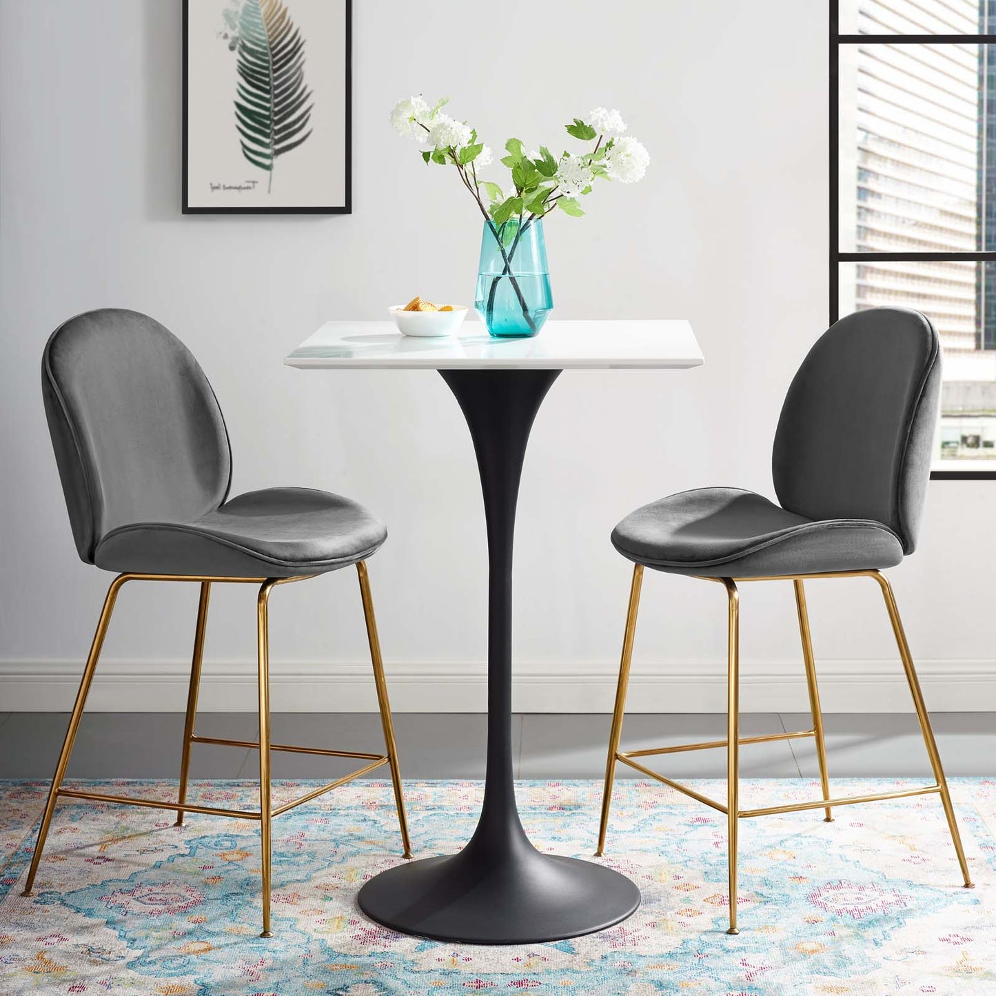 Lippa 28" Square Wood Top Bar Table, Wood Metal Steel, Black White, 17499