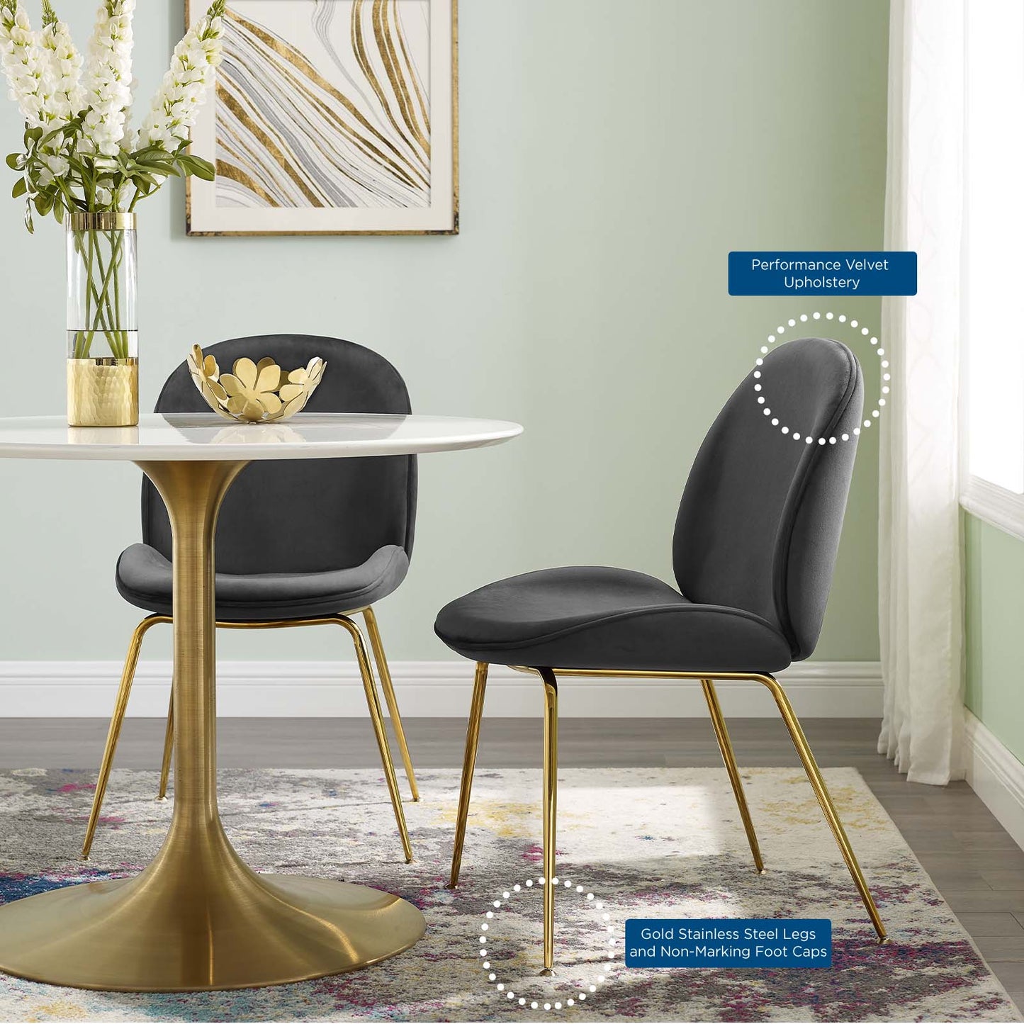 Scoop Gold Stainless Steel Leg Performance Velvet Dining Chair, Velvet, Metal Steel, Black, 18210