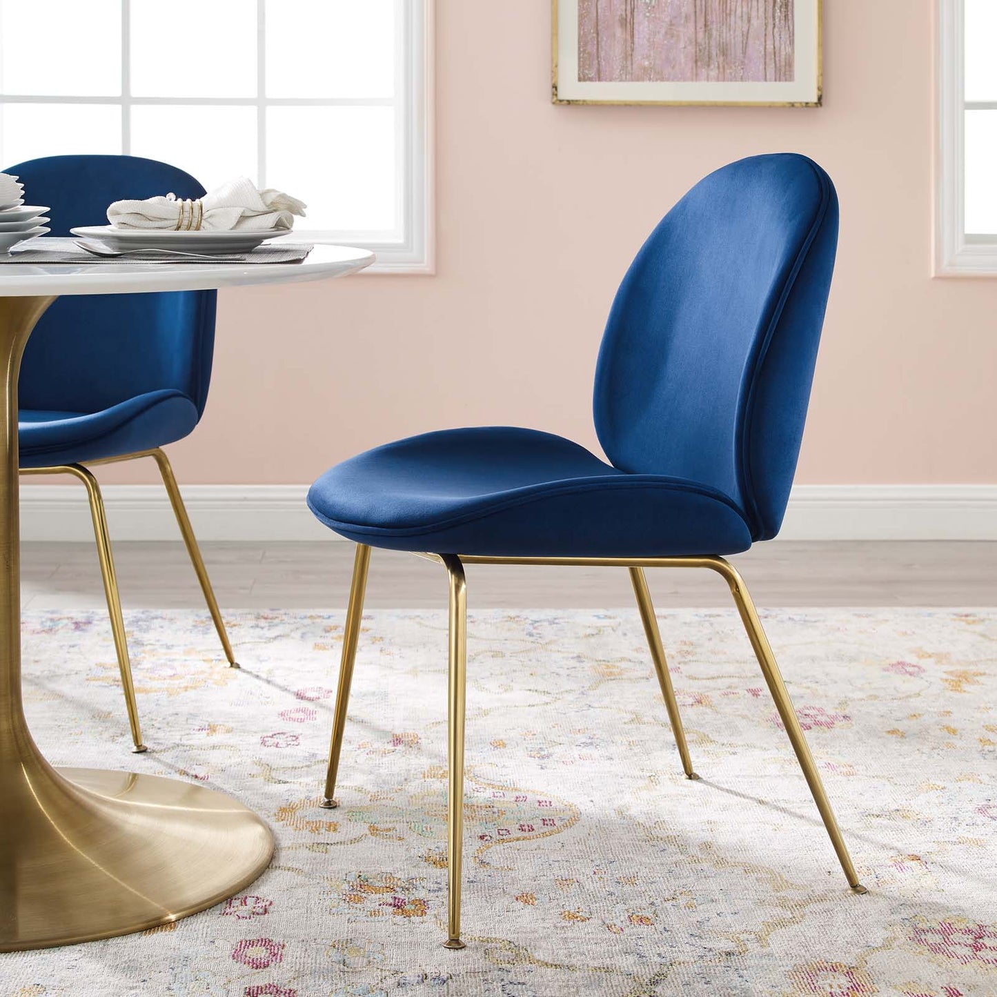 Scoop Gold Stainless Steel Leg Performance Velvet Dining Chair, Velvet Fabric Stainless Steel Metal, Navy Blue, 17503
