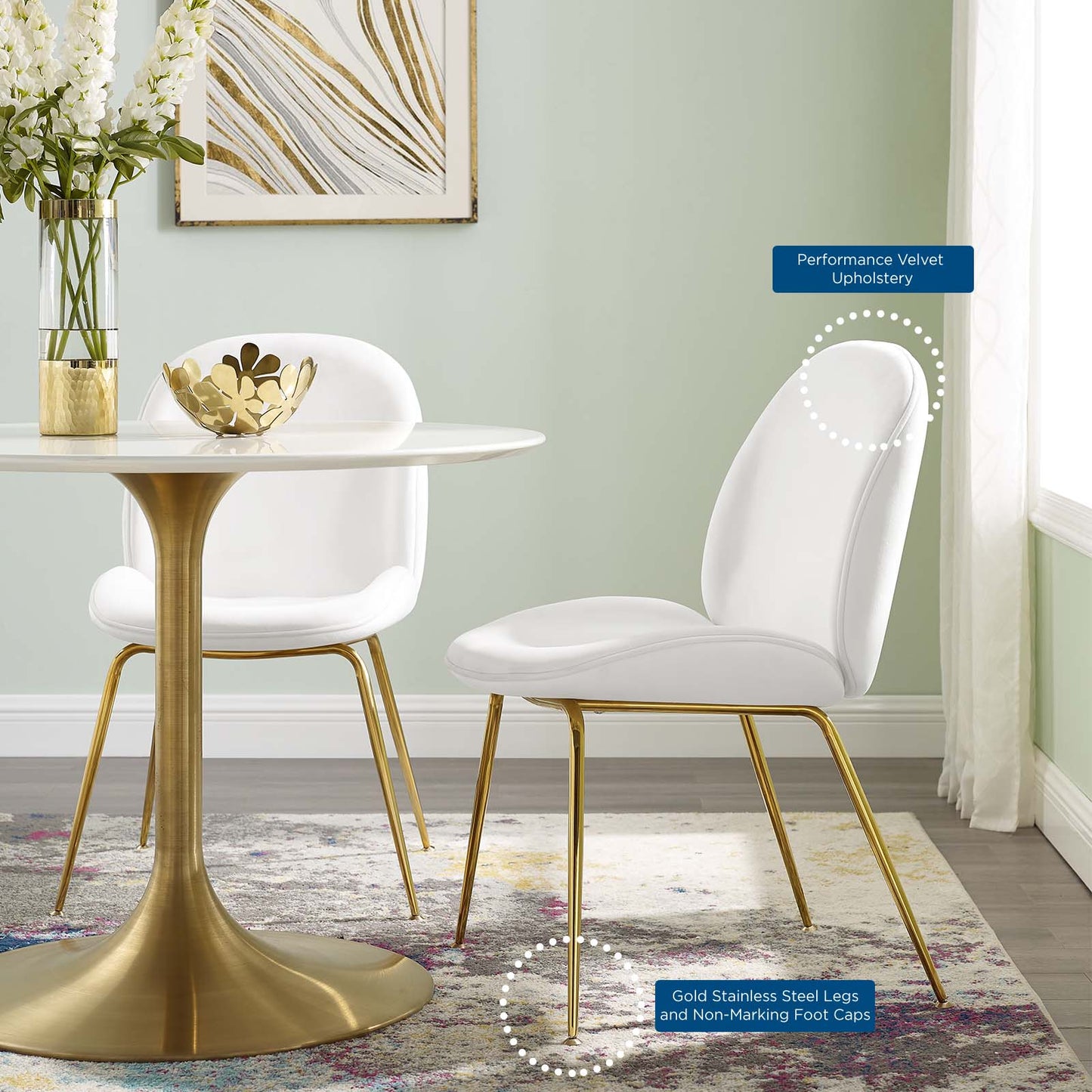 Scoop Gold Stainless Steel Leg Performance Velvet Dining Chair, Velvet, Metal Steel, White, 18211