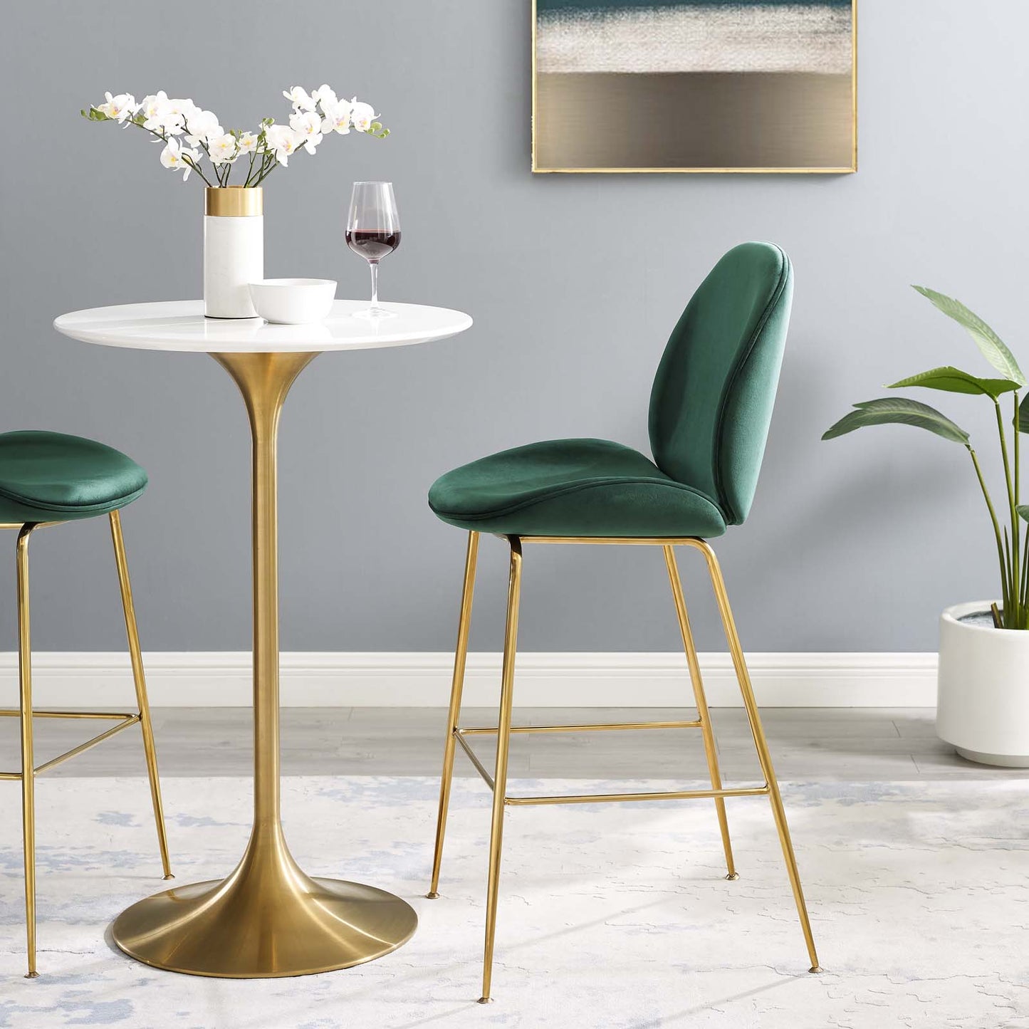 Scoop Gold Stainless Steel Leg Performance Velvet Bar Stool, Velvet Fabric Metal Steel, Green, 17509