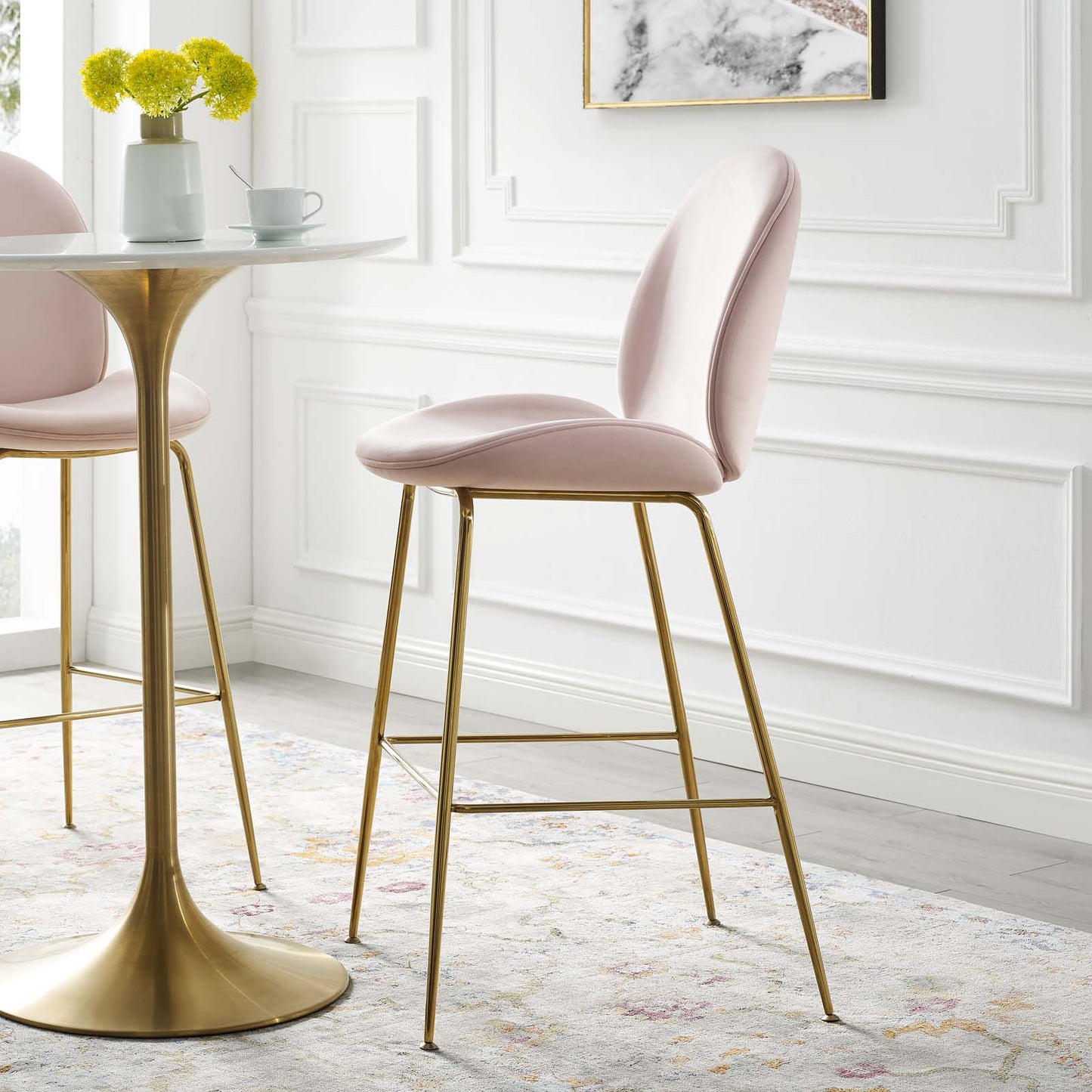 Scoop Gold Stainless Steel Leg Performance Velvet Bar Stool, Velvet Fabric Metal Steel, Pink, 17512
