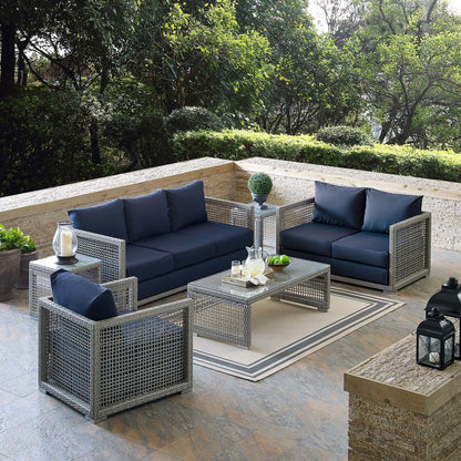 Aura 6 Piece Outdoor Patio Wicker Rattan Set, Rattan Wicker, Navy Blue Grey Gray 15870