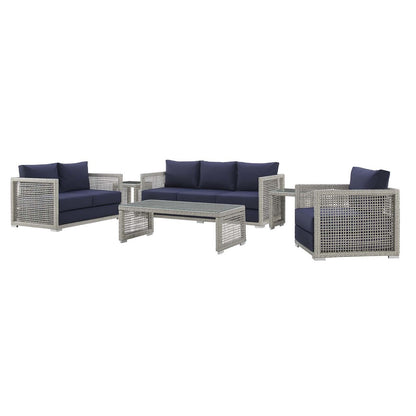 Aura 6 Piece Outdoor Patio Wicker Rattan Set, Rattan Wicker, Navy Blue Grey Gray 15870