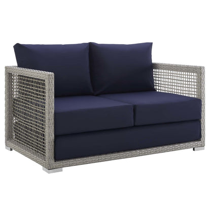 Aura 6 Piece Outdoor Patio Wicker Rattan Set, Rattan Wicker, Navy Blue Grey Gray 15870