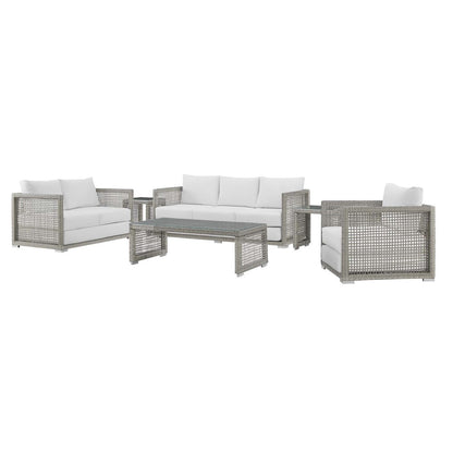Aura 6 Piece Outdoor Patio Wicker Rattan Set, Rattan Wicker, Grey Gray White 15871