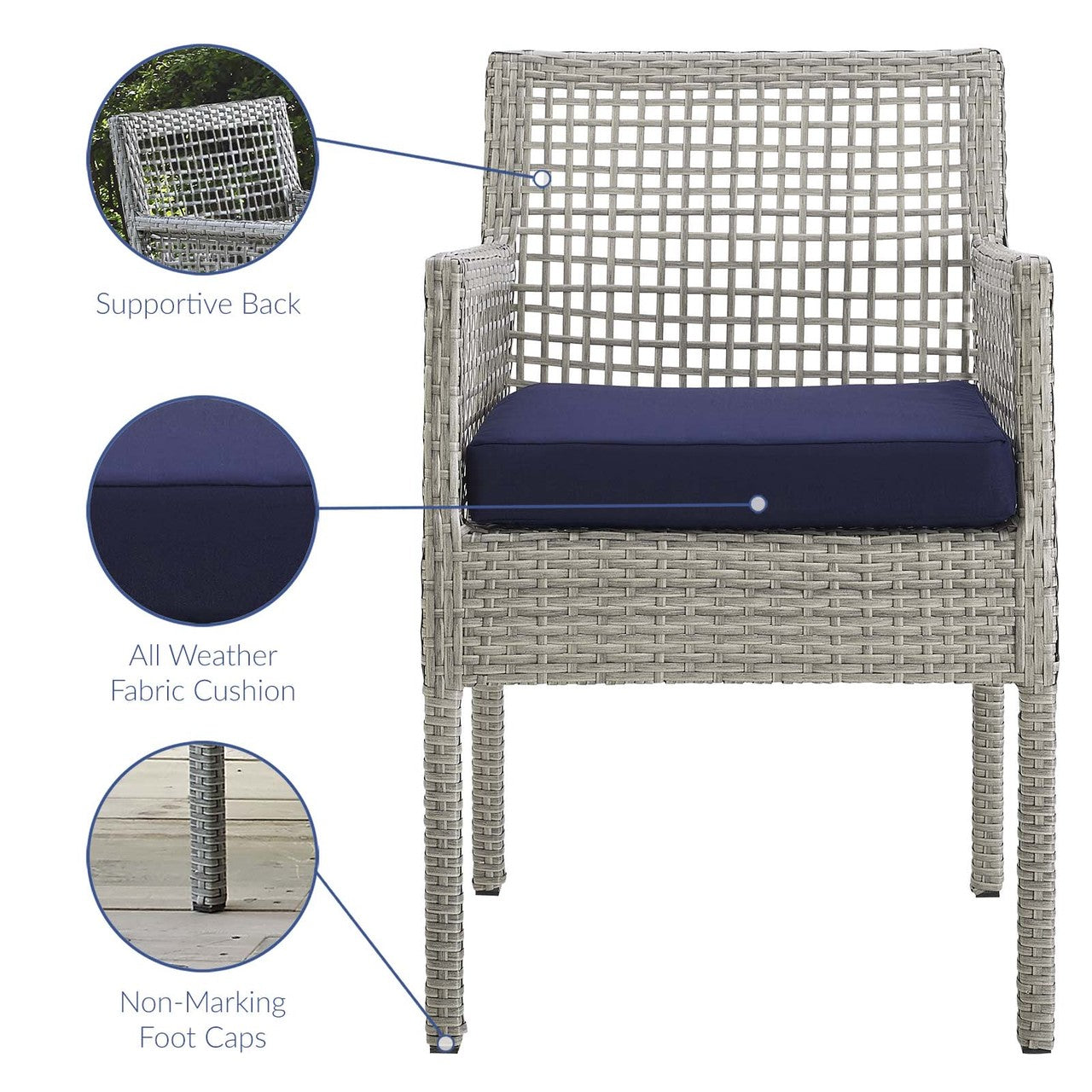 Aura Dining Armchair Outdoor Patio Wicker Rattan Set of 2, Rattan Wicker, Navy Blue Grey Gray 15876