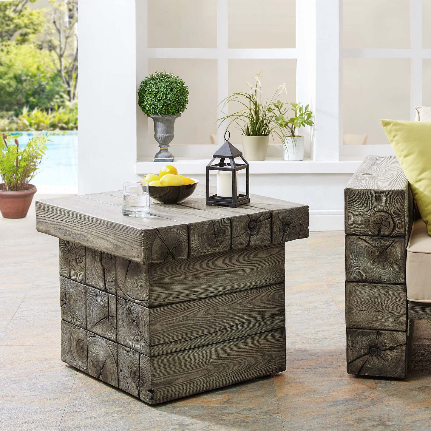 Manteo Rustic Coastal Outdoor Patio Side Table, Faux Simulate Wood, Light Grey Gray, 18074