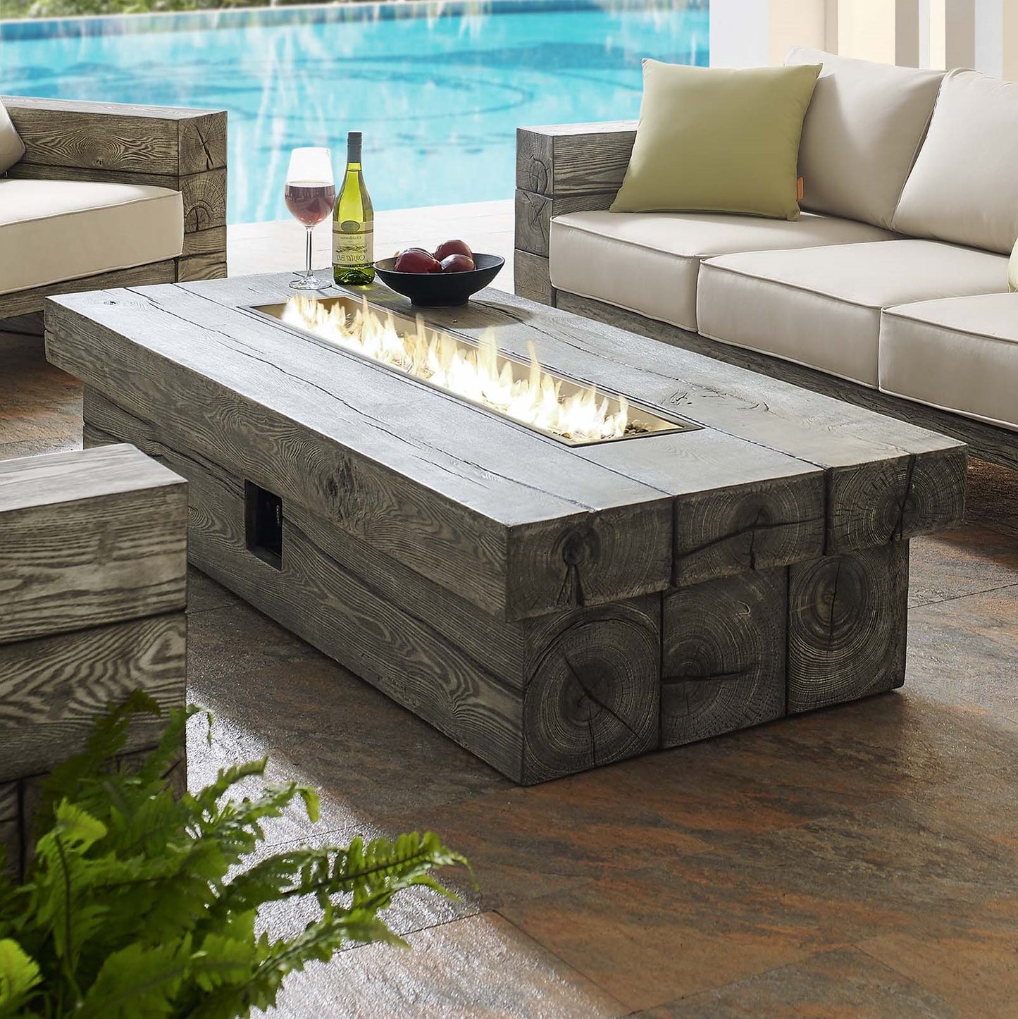 Manteo 70" Rectangular Outdoor Patio Fire Pit Table, Simulated Wood, Light Grey Gray, 18212