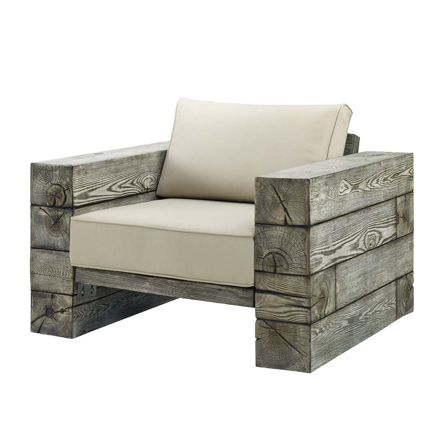 Manteo Rustic Coastal Outdoor Patio Lounge Armchair, Faux Simulate Wood, Beige, 18075