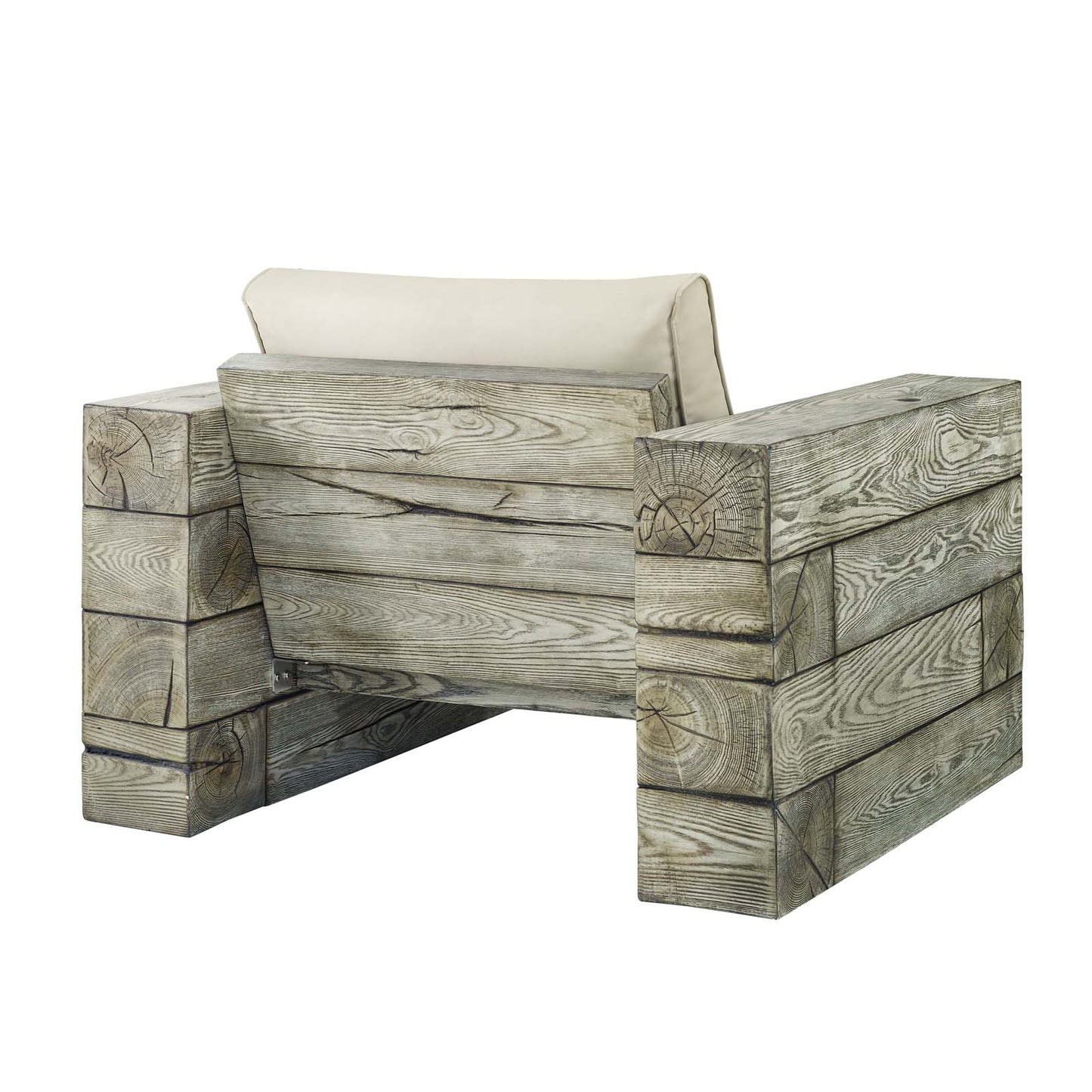 Manteo Rustic Coastal Outdoor Patio Lounge Armchair, Faux Simulate Wood, Beige, 18075