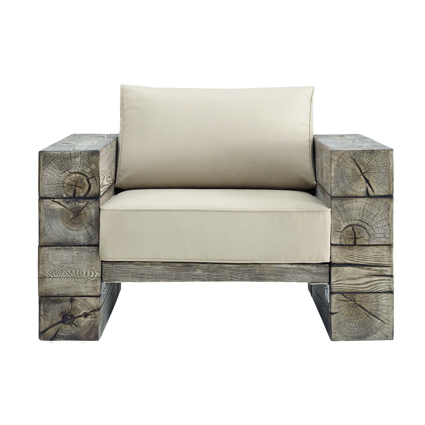 Manteo Rustic Coastal Outdoor Patio Lounge Armchair, Faux Simulate Wood, Beige, 18075