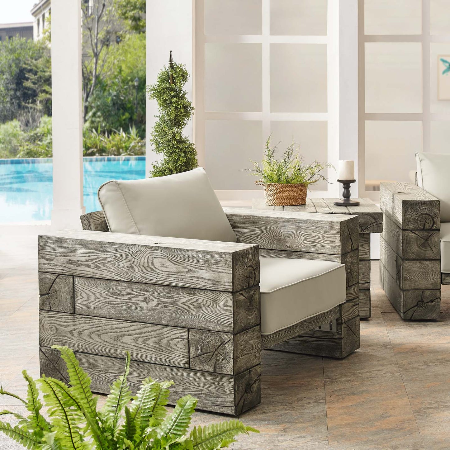 Manteo Rustic Coastal Outdoor Patio Lounge Armchair, Faux Simulate Wood, Beige, 18075